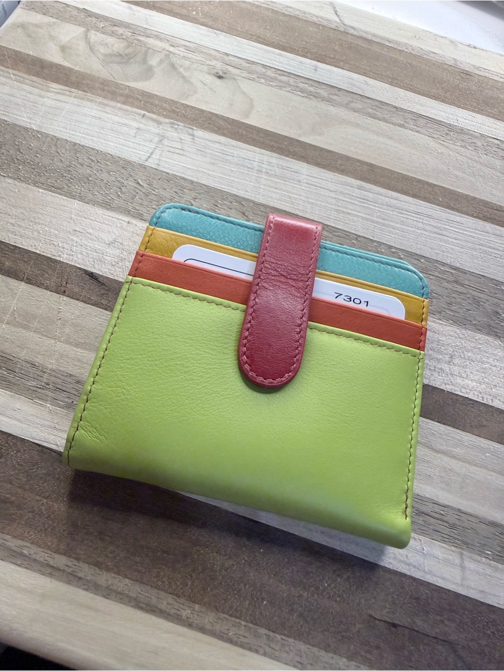 Colorblock Leather Card Wallet - Lime, Coral & Aqua